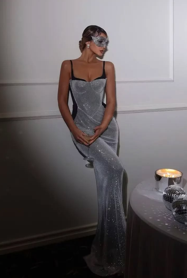 Sexy Sequins Glitter Bodycon Prom Gown , Sparkly Sliver Maxi Evening Dress Ball Gown RS1891