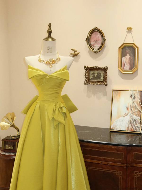 Yellow-green strapless fitted long ball gown, bridal dress R7173