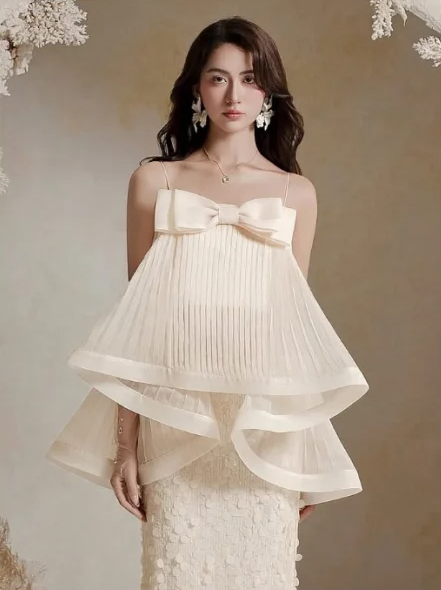 Apricot strappy bow design elegant top A-line maxi dress for homecoming R4847