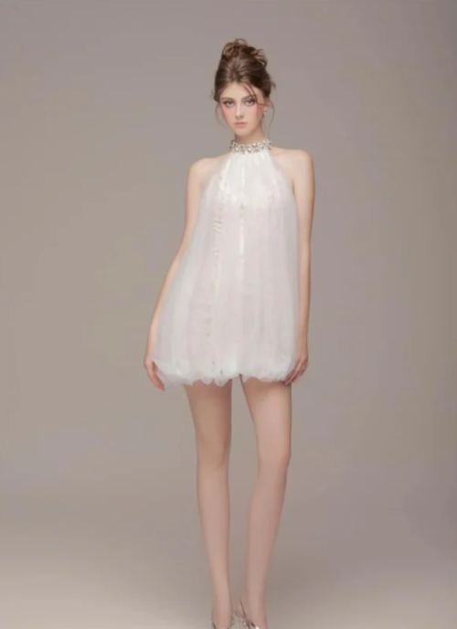 White halter neck temperament straight flower bud skirt short skirt homecoming dress R4807