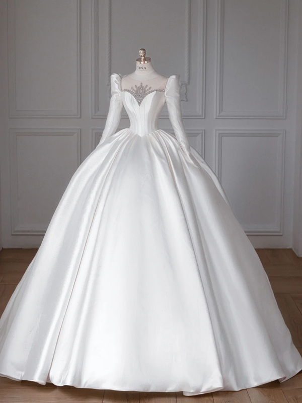 White Long-Sleeve Square-Neck Fitted-Waist Slim-Fit Puffy Hem Long Bridal Gown R5901