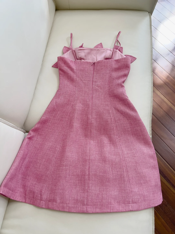 Pink halter neckline 3D flower waist slim A-line short skirt homecoming dress R5231