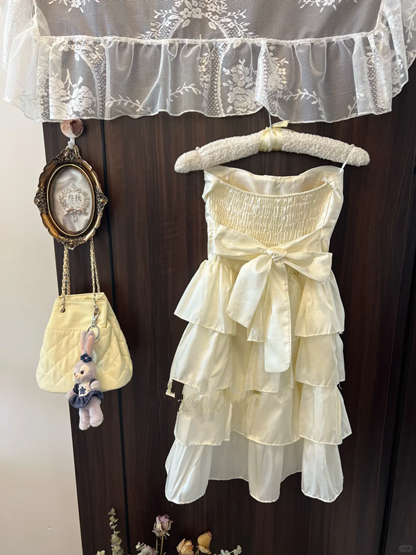 White tube top waist satin cake skirt short skirt homecoming dress R4279