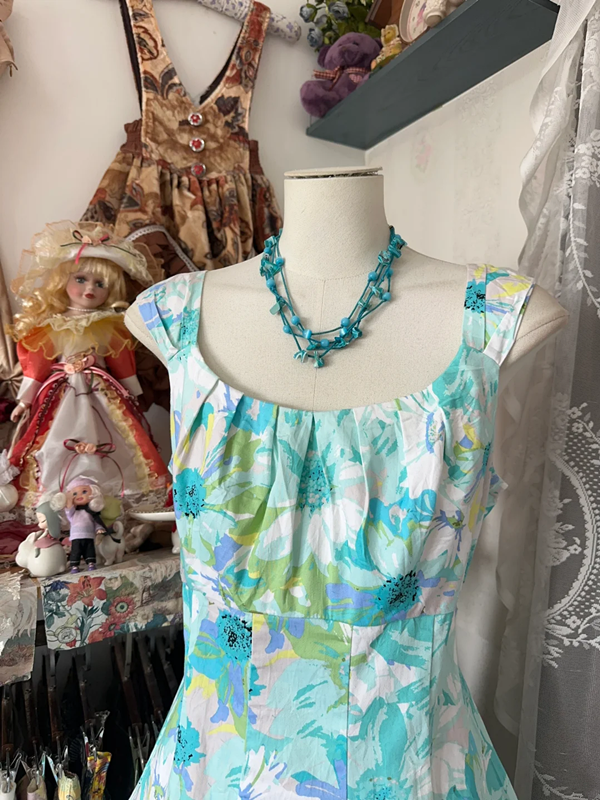 Blue floral print halter-neck A-line short ball gown R6381