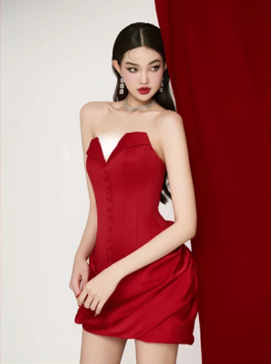 Red tube top waist satin sexy hip skirt homecoming dress R4399