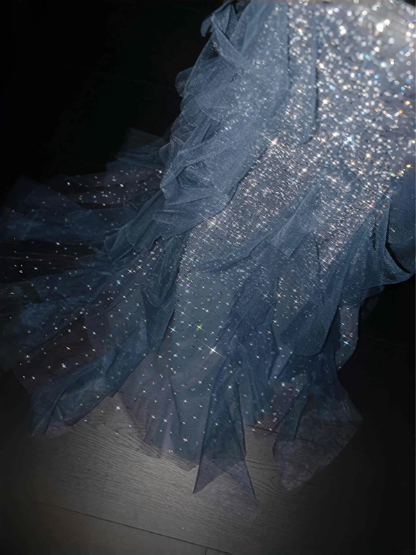 Light blue suspender sequined waist slim hip long skirt, prom dress R5630