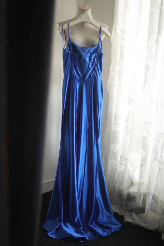Blue satin halter-neck fitted bodycon long ball gown R6741