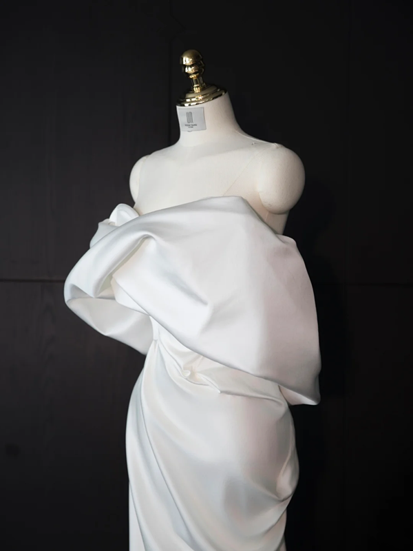 White satin off-the-shoulder fitted long ball gown/bridal dress R8957