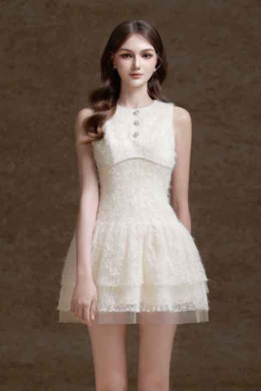 White sleeveless soft waist cute cake mini skirt homecoming dress R4681