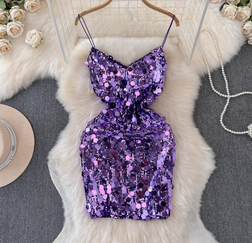 Light luxury heavy sequins celebrity niche banquet dress skirt sexy backless suspender dress R0320