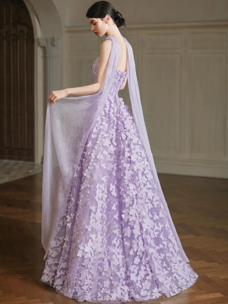 Romantic Applique Corset Prom Gown , Lavender Women's Maxi Evening Dress RS2391