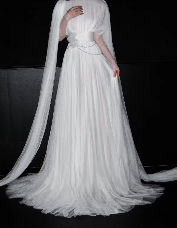 Stunnning White A-Line High Collar Tulle Hazy Corset Maxi Wedding Dress RS1896