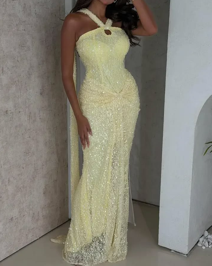 Tulle Sequins Hazy Bodycon Prom Gown , Sparkly Pastel Yellow Maxi Cocktail Dress RS1919