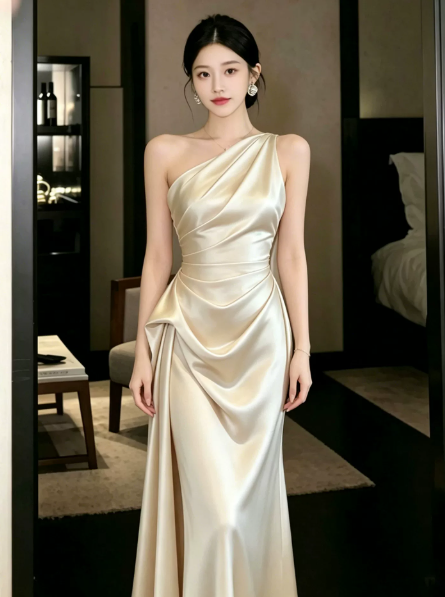 Silky Satin Bodycon Prom Gown , Sparkly Ivory Maxi Evening Dress Ball Gown RS1922