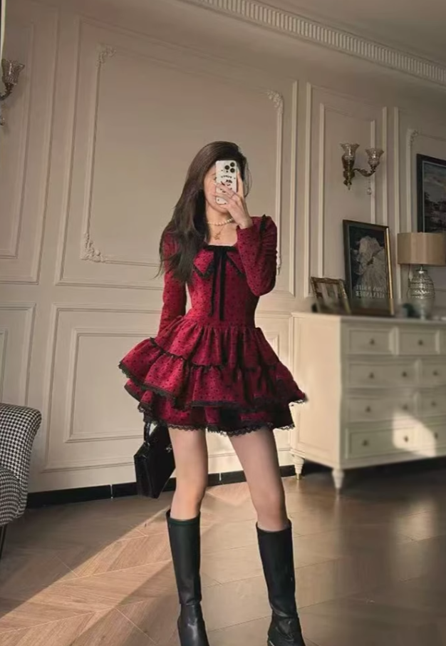 French retro polka dot contrast color dress new 2025 waist puffy cake skirt R1361