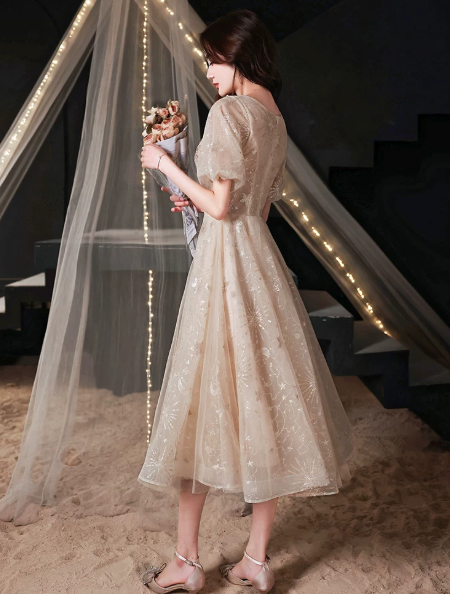 Beaded Flowy Tulle Corset Prom Gown , Gentle Ivory Maxi Evening Dress Ball Gown RS1924