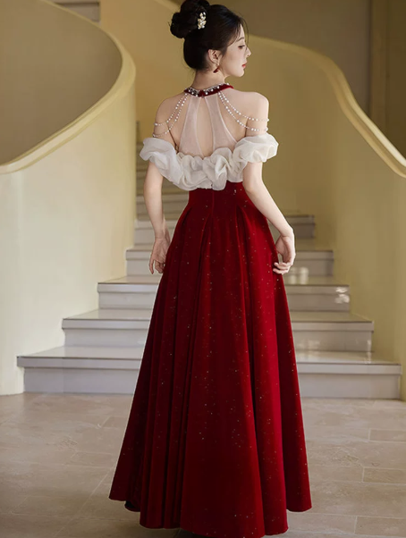 Satin Beaded Corset Prom Gown , Sparkly Burgundy Maxi Evening Dress Ball Gown RS1925