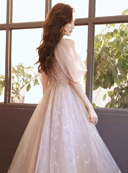 Tulle Applique Corset Prom Gown , Sparkly Champagne Maxi Evening Dress Ball Gown RS1926