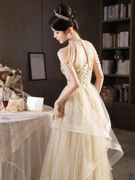 Sparkly Ivory A-Line High Collar Tulle Sequins Corset Maxi Wedding Dress RS1897