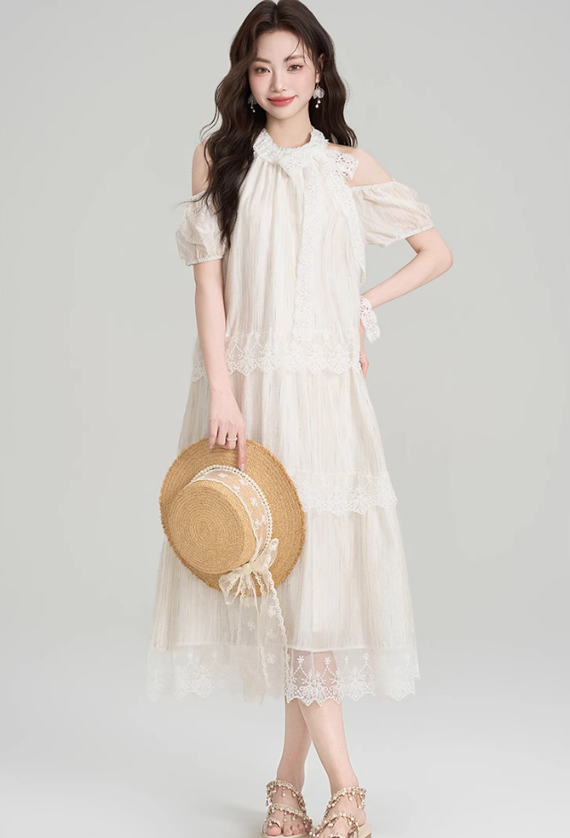 French design lace halter dress holiday style beautiful off-shoulder long dress R2399