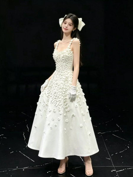 Satin Floral Decor Corset Prom Gown ,Gentle White Maxi Evening Dress Birthday Dress RS1937