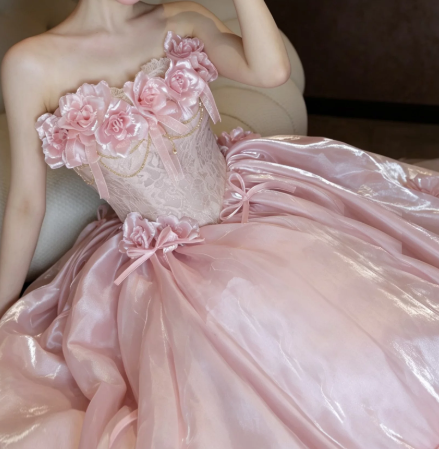 Tulle Puffy 3D Floral Corset Prom Gown ,Romantic Pink Maxi Evening Dress Birthday Dress RS1946