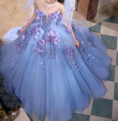 Tulle Hazy 3D Floral Corset Prom Gown ,Romantic Lavender Maxi Evening Dress Birthday Dress RS1947