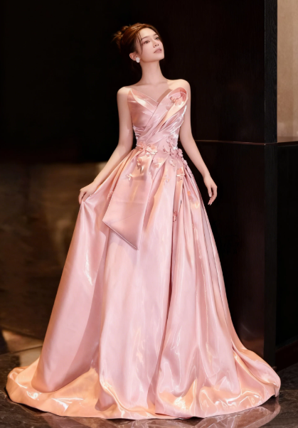 Silky Satin Hazy Corset Prom Gown ,Gentle Pink Maxi Evening Dress Birthday Dress RS1956
