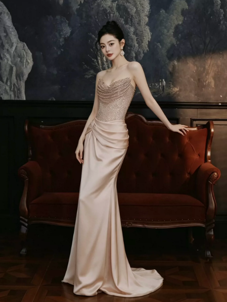 Silky Satin Glitter Corset Prom Gown ,Gentle Champagne Maxi Evening Dress RS1958