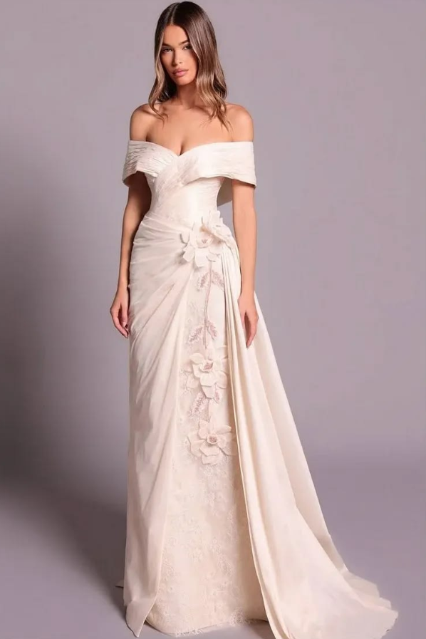 Hazy Ivory A-Line Bateau Satin 3D Floral Corset Maxi Wedding Dress RS1984