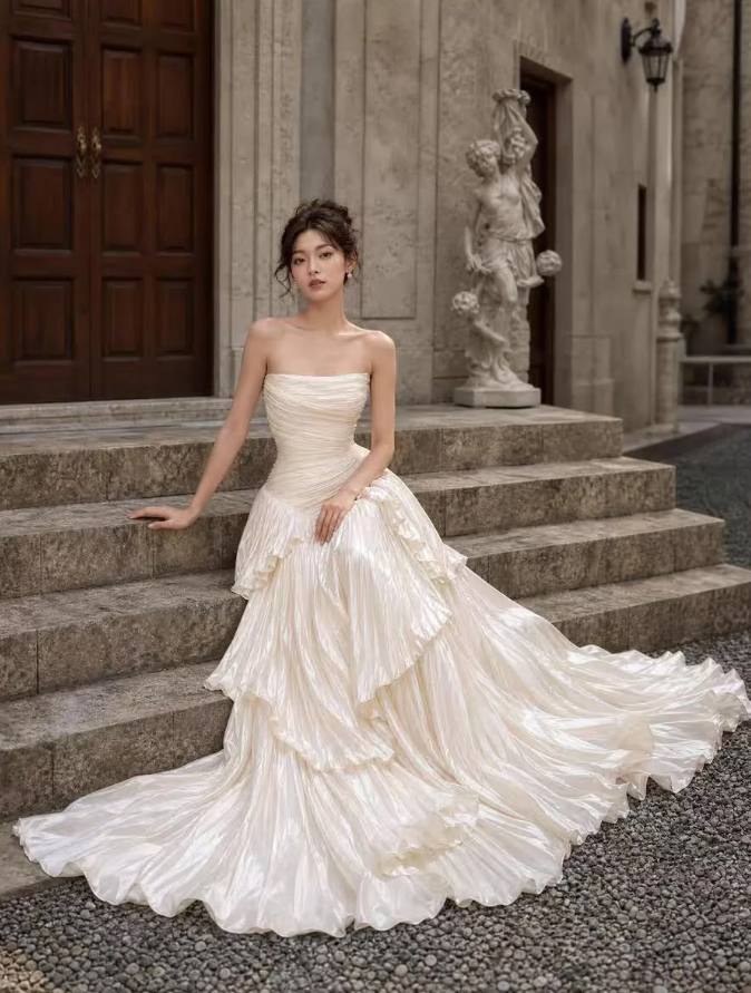 Sparkly White A-Line Strapless Tulle Silky Corset Maxi Wedding Dress RS2007