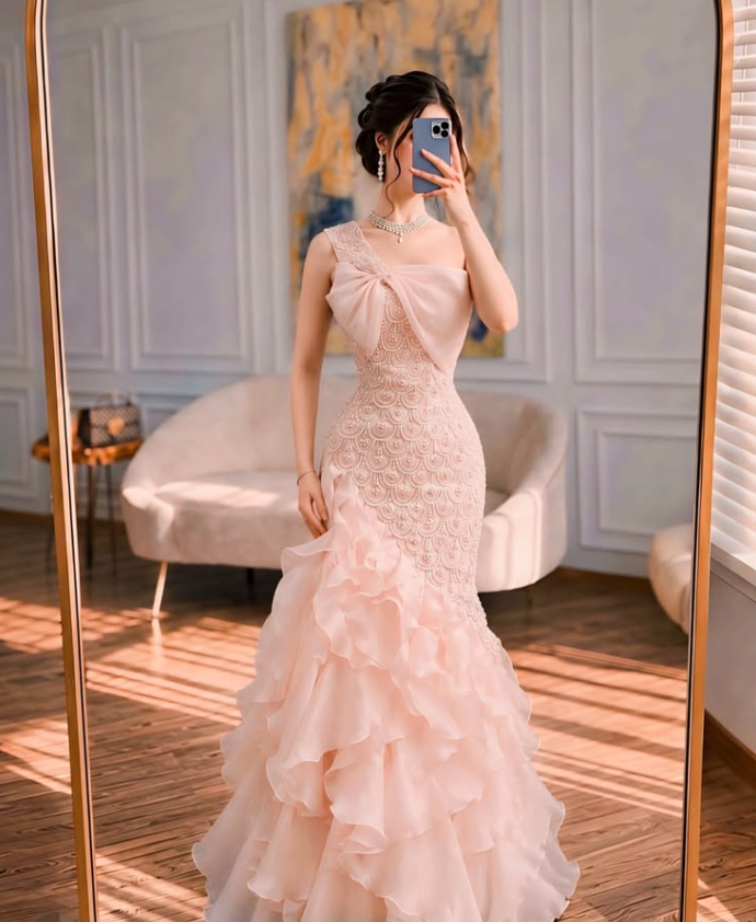 Mermaid Chiffon Tiered Bodycon Prom Gown ,Stunning Pink Maxi Evening Dress Birthday Dress RS1988