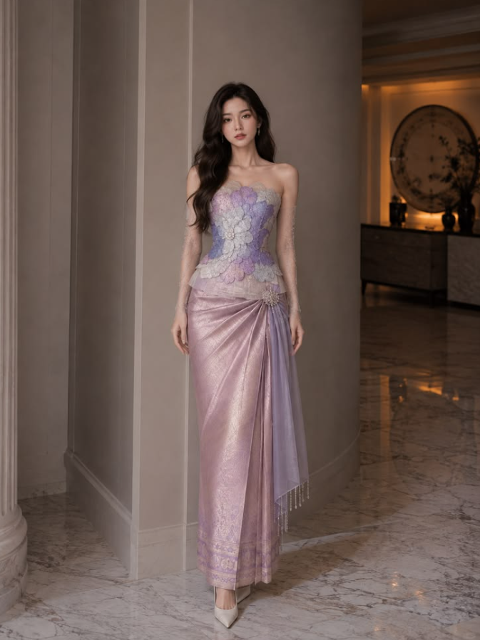 Silky Satin Floral Decor Bodycon Prom Gown ,Dreamy Lavender Maxi Evening Dress RS1990