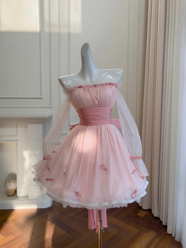 Pink Strapless One Shoulder Slim Waist Puffy Skirt Homecoming Dress R5011