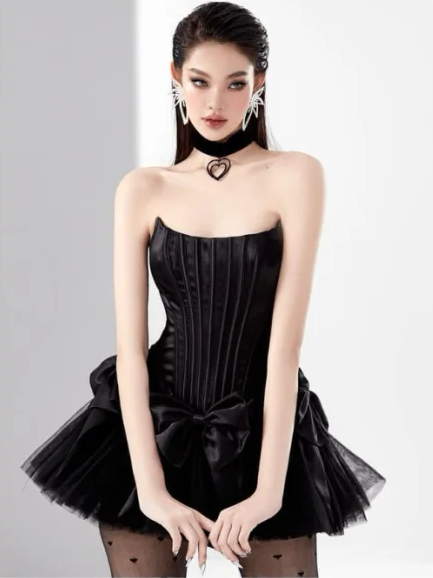 Black tube top waist slim fit puffy skirt princess short dress homecoming dress R4889