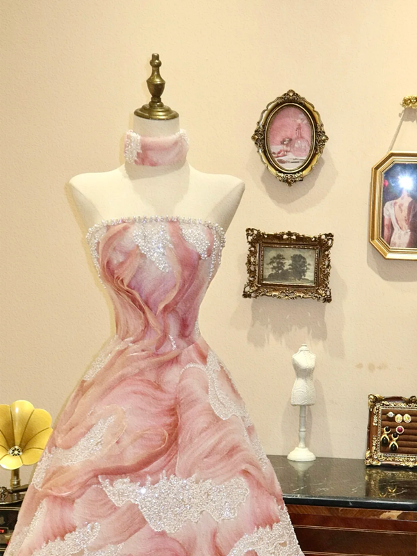 Pink Fairy Strapless Waist-cinching Slim A-line Long Wedding Dress R6582