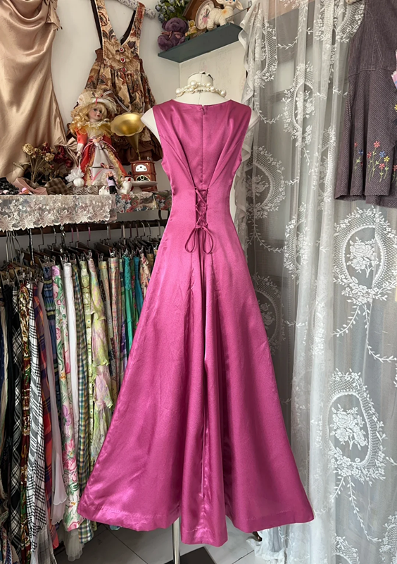 Pink sleeveless fitted A-line long dress, ball gown R6342