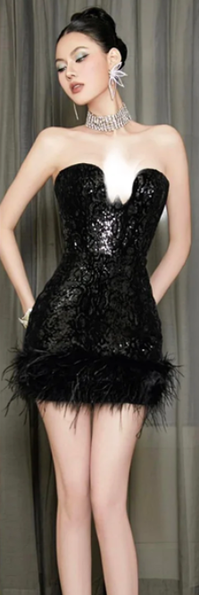 Black tube top sequined waist slim hip sexy short skirt homecoming dress R4642