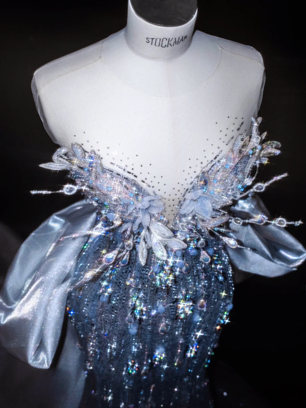 Light blue tube-top sequined diamond-studded waist slim-fitting hip-hugging maxi skirt, prom dress R5631