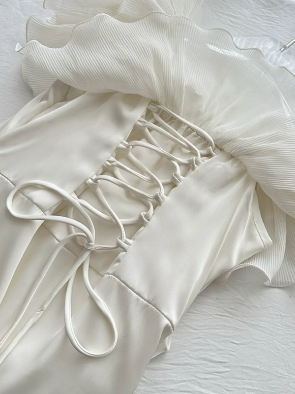 White off-the-shoulder ruffled maxi dress, fitted waist, ball gown R6223