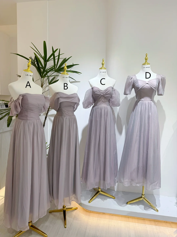 Light purple (or Lavender-gray) satin waist-cinched, slim-fit and figure-flattering ball gown, bridesmaid dress R5943