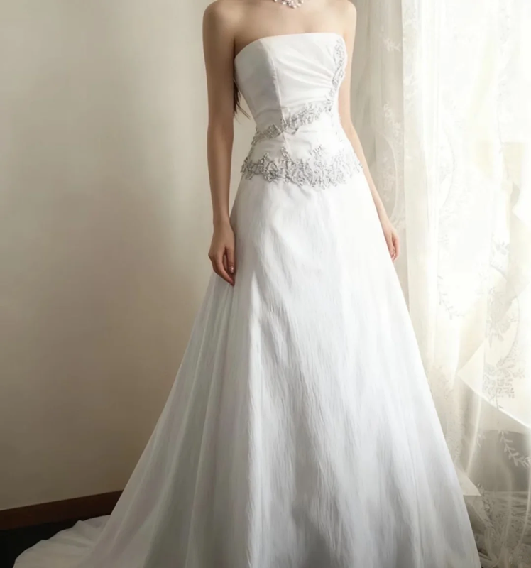 White strapless fitted waist long embroidered ball gown R6702