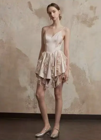 Beige suspenders waist sexy design irregular skirt short skirt homecoming dress R4848