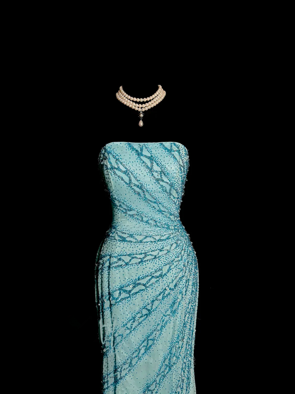 Light blue strapless beaded fitted long ball gown R6662