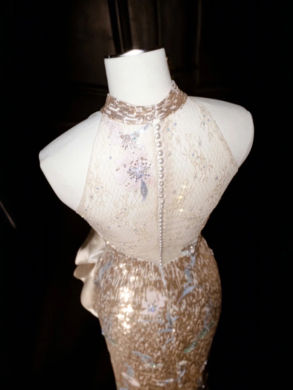 Gold sequined sleeveless slim waist hip-hugging sexy long skirt, prom dress R5667