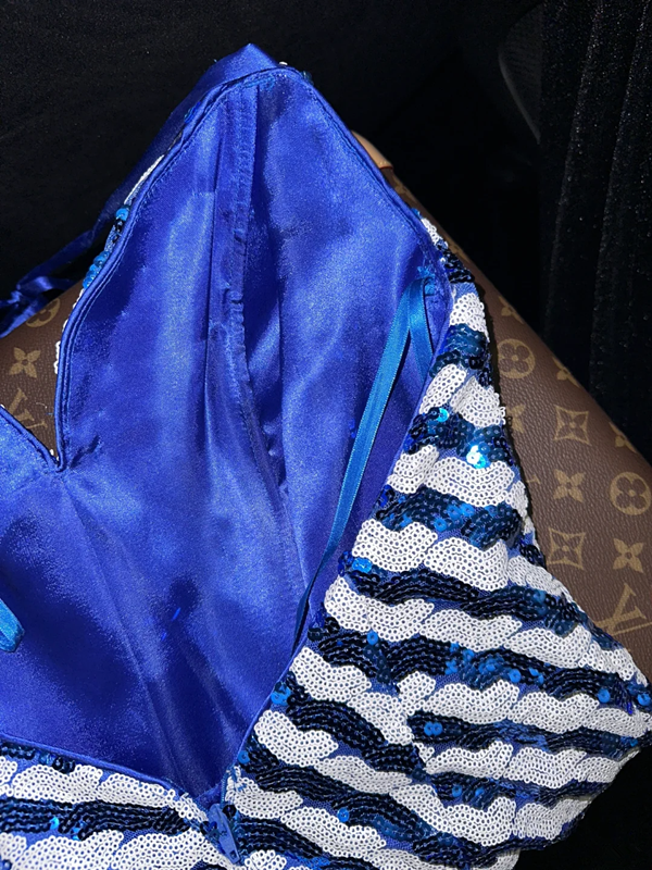 Blue and white striped sequined halter neck sexy short ball gown R6981