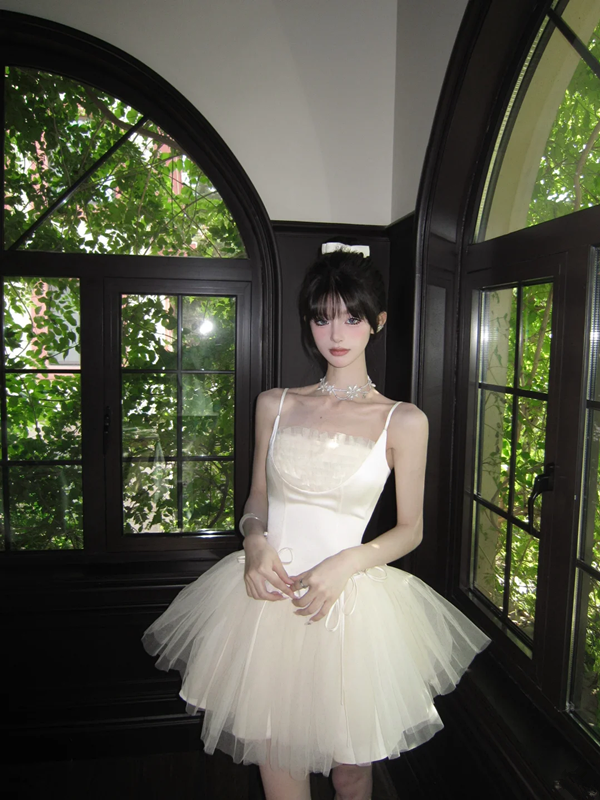 White suspender satin waist slim elegant tulle skirt homecoming dress R5089