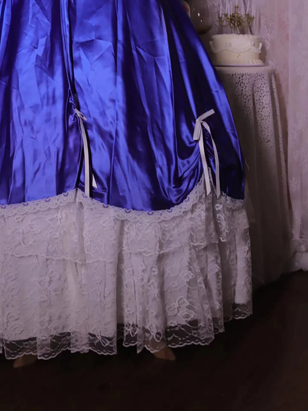 Blue square-neck floor-length ball gown with a cinched waist and slim fit; bridal gown R7294