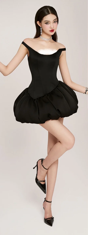 Black suspenders waist slim fit high-end flower bud satin skirt short skirt homecoming dress R4482