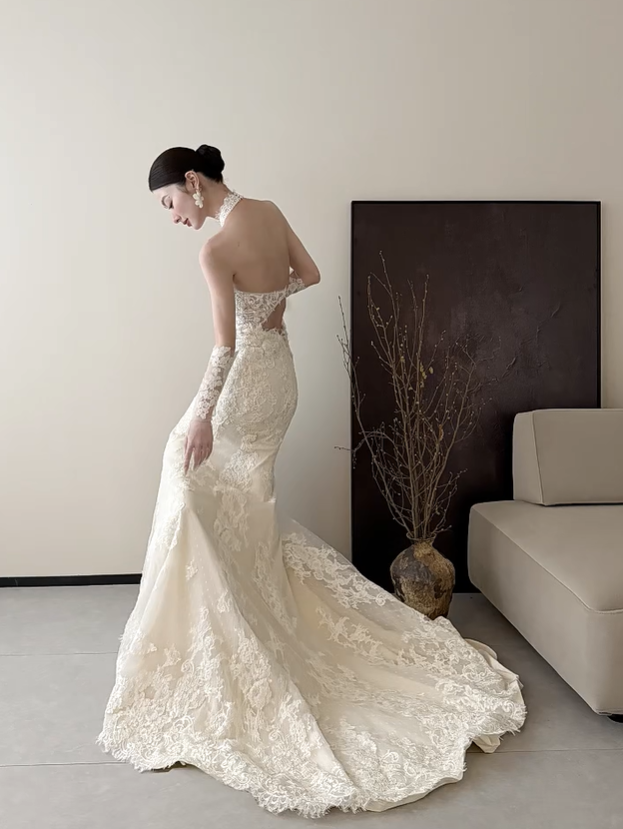 White halter neck lace waist slim elegant fishtail sexy long dress bridal gown R6063